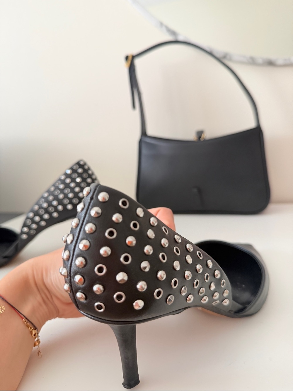 Zara Black Pointed-Toe Studded Kitten Heels - Picture 2 of 6